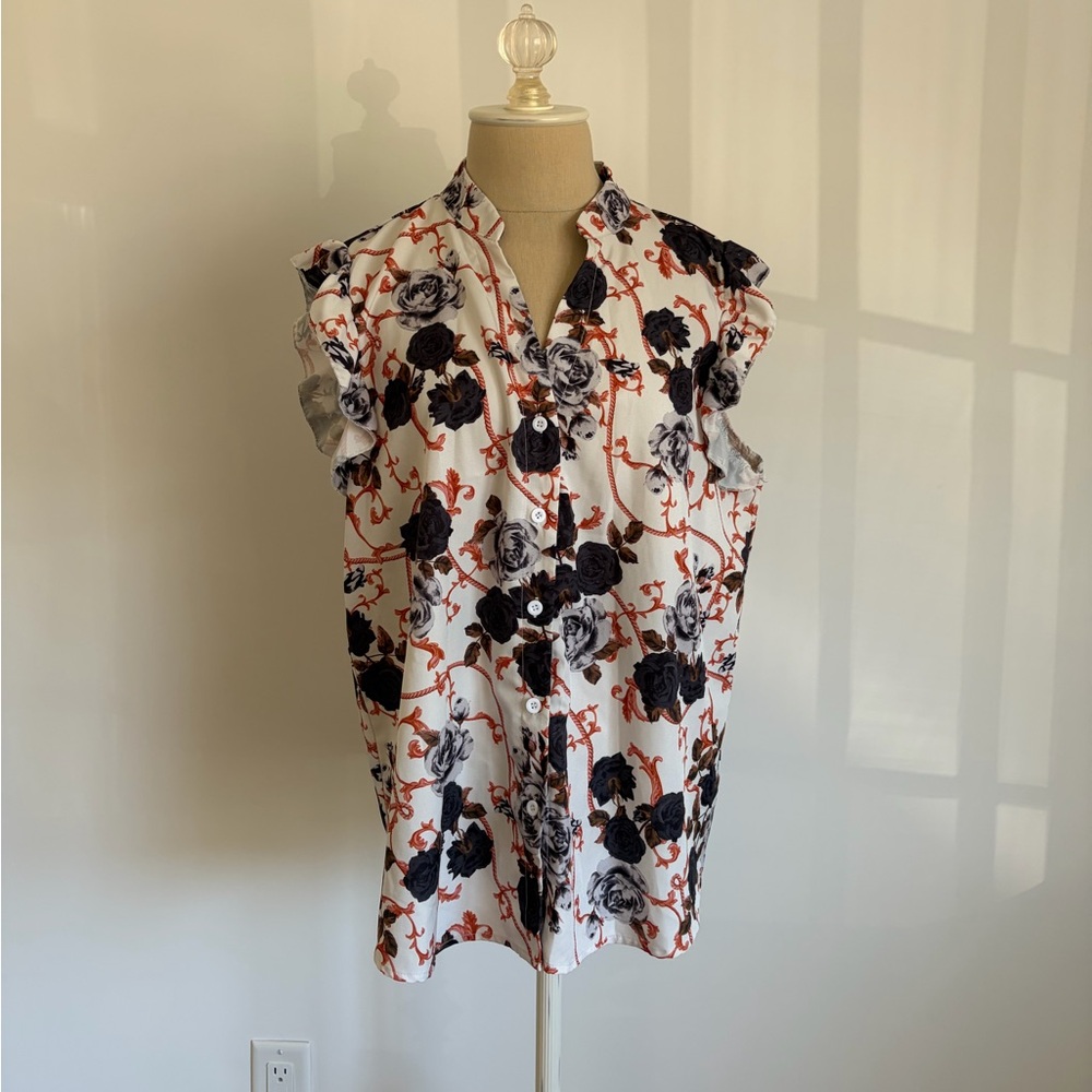 Shein Blouse White Floral Ruffle Buttons XL